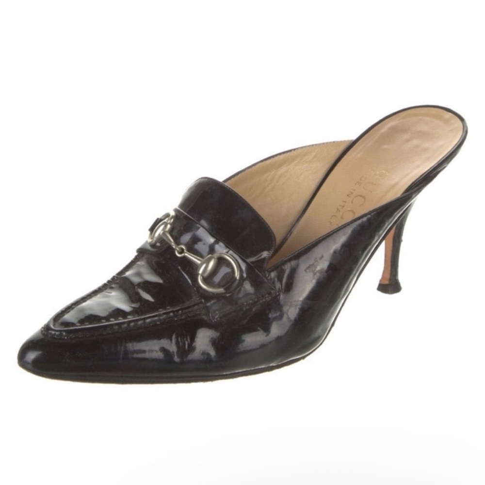 Gucci Patent Leather Horsebit Mule Heels in Black | 2.75” Heel | Size 8.5B